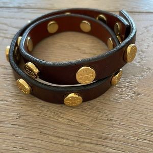 Tory Burch double-wrap leather bracelet with gold logo studs